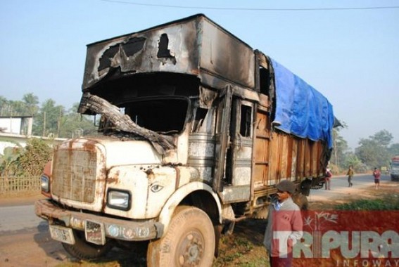 Truck put on fire by the miscreants at by-pass road